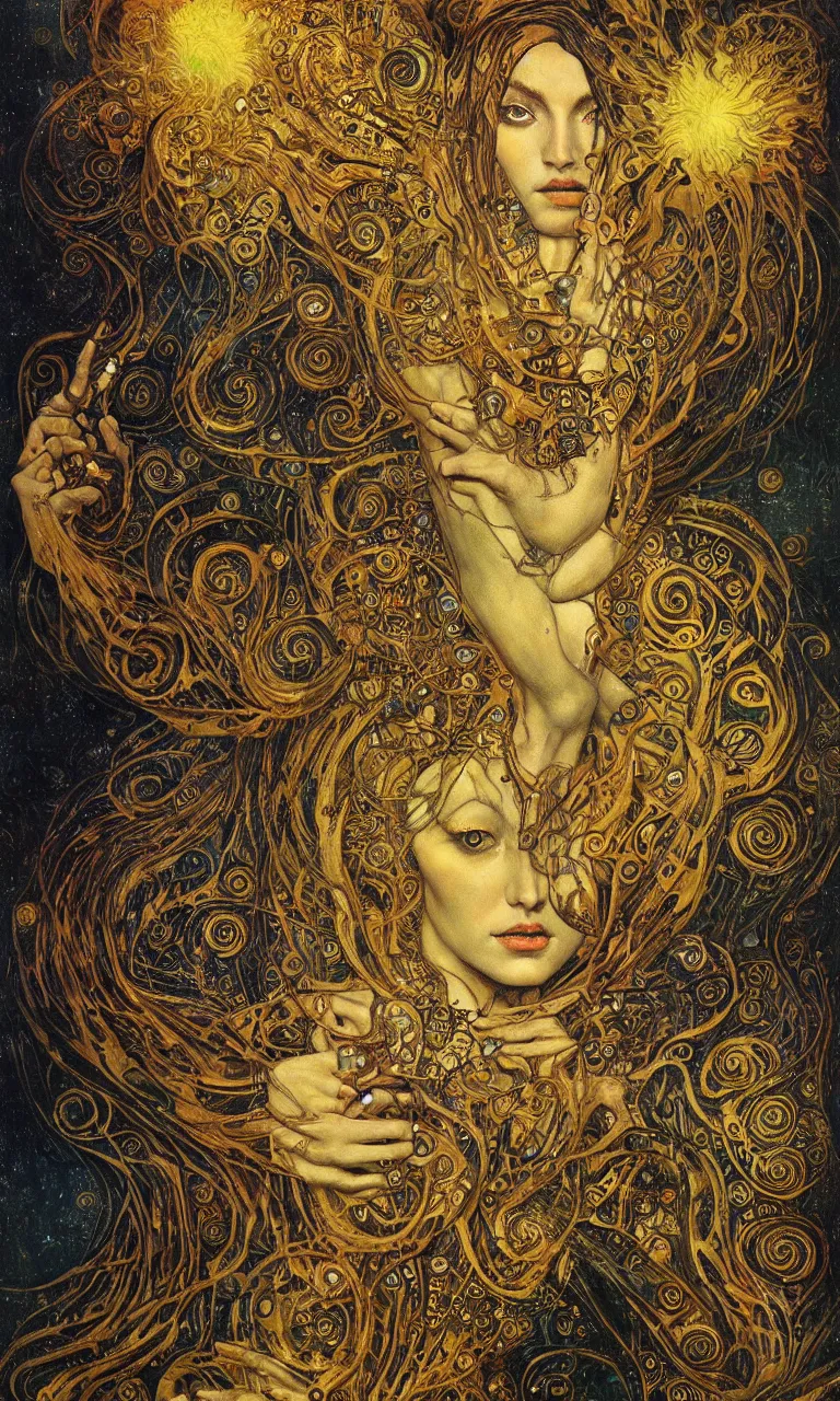 Image similar to Divine Chaos Engine by Karol Bak, Jean Deville, Gustav Klimt, and Vincent Van Gogh, beautiful visionary mystical portrait, sacred, otherworldly, fractal structures, Surreality, ornate gilded medieval icon, third eye, spirals, horizontal symmetry