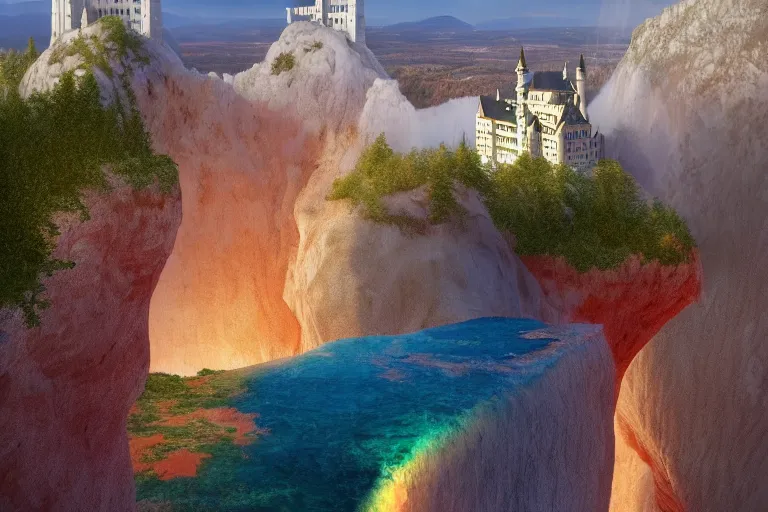 Prompt: neuschwanstein castle on pamukkale thermal waters flowing down gold travertine terraces in royal blue antelope canyon during sakura season on an interstellar aurora borealis with heavy thunder and lightning, pink waterfalls, by peter mohrbacher, james jean, james gilleard, greg rutkowski, vincent di fate, rule of thirds, octane render, beautiful landscape