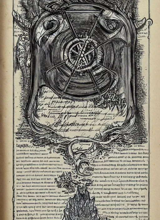 Prompt: a full page scan of detailed vintage illustrated instructions on how to raise the dead, handwritten, spells, intricate writing, satanic, evil, grimoire page, necronomicon style