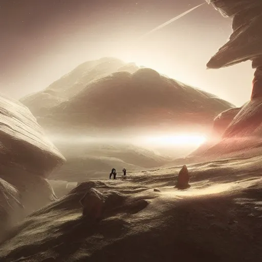 Image similar to scifi space landscape, concept art, trending on, volumetric lighting, epic composition