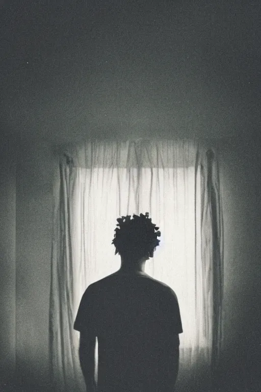 Prompt: agfa vista 4 0 0 photograph of a guy standing in a cluttered 9 0 s bedroom, flower crown, back view, lens flare, moody lighting, moody vibe, telephoto, 9 0 s vibe, blurry background, grain, tranquil, calm, faded!,