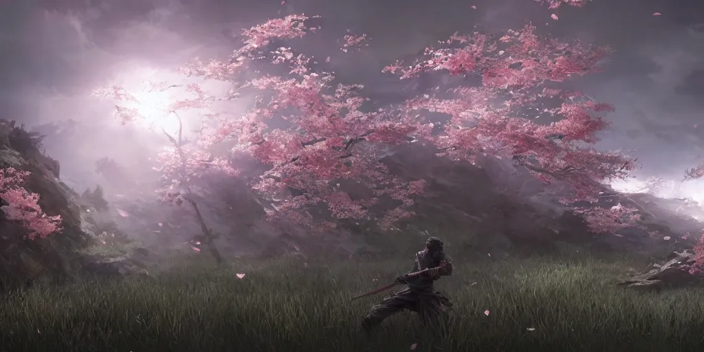 Image similar to an environmental concept art of ghost of tsushima, samurai duel, sakura petals blowing in the wind, highly detailed, directional light, cinematic by francis tneh