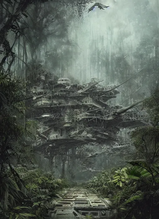 Image similar to aircraft carrier overgrown with vegetation laying on the ground of a tropical forest, post appocalyptic illustration by Luis Royo, by Greg Rutkowski, dark, gritty, intricate, cover illustration, concept art, volumetric lighting, volumetric atmosphere, sharp focus, octane render, trending on artstation, 8k