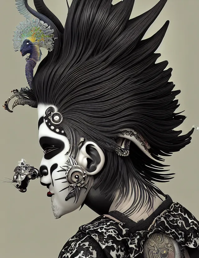 Image similar to 3 d photo realistic goddess close - up profile portrait punk with mohawk with ram skull. beautiful intricately detailed japanese crow kitsune mask and clasical japanese kimono. betta fish, jellyfish phoenix, bio luminescent, plasma, ice, water, wind, creature, artwork by tooth wu and wlop and beeple and greg rutkowski