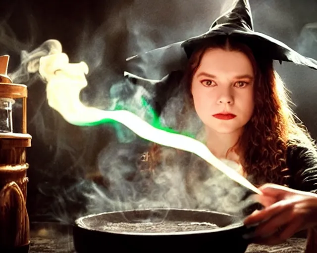 Image similar to close up portrait, dramatic lighting, concentration, calm confident teen witch and her cat mixing a spell in a cauldron, a little smoke fills the air, a witch hat and cape, a little green smoke is coming out of the cauldron, ingredients on the table, apothecary shelves in the background, still from disney show