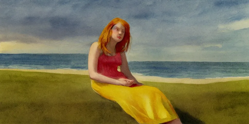 Image similar to girl with strawberry blonde hair wearing a yellow sundress sitting on a beach by the ocean, sunset, god rays, big clouds, watercolor and pencil, pastel colors, edward hopper, andrew wyeth