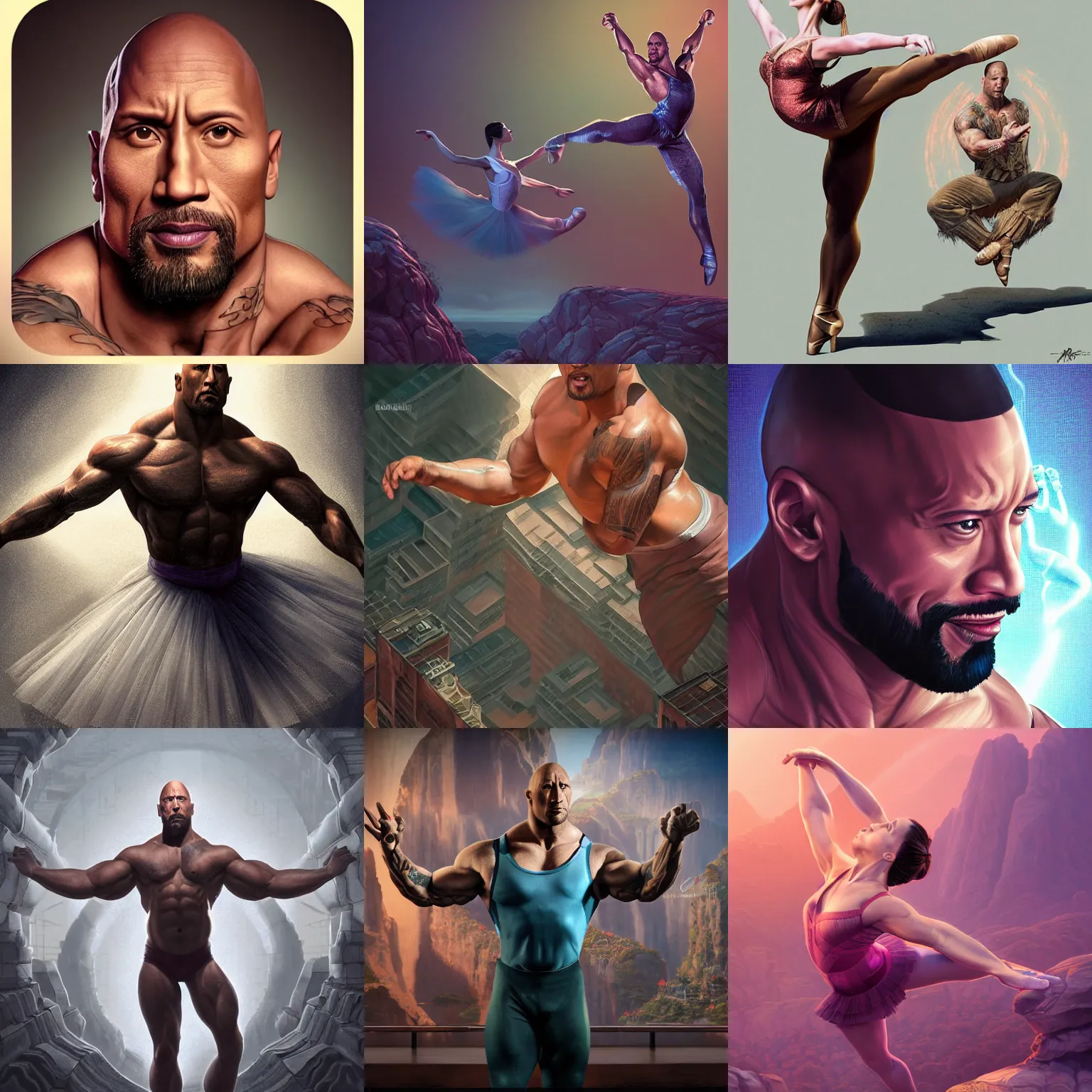 Prompt: portrait isometric drawing, dwayne johnson as ballerina dancer, intricate, epic lighting, cinematic composition, hyper realistic, 8k resolution, unreal engine 5, by Artgerm, tooth wu, dan mumford, beeple, wlop, rossdraws, James Jean, Andrei Riabovitchev, Marc Simonetti, yoshitaka Amano, Artstation