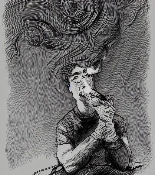 Prompt: Pen drawing a picture on an juggling club, dimly lit, wispy smoke, intricate, highly detailed, digital painting, artstation, concept art, sharp focus, illustration, art by einar jonsson