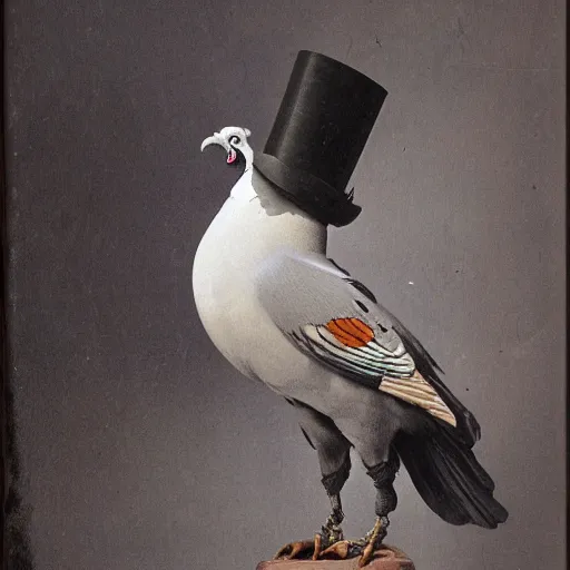 Image similar to an antique photograph of a bio-mechanical clockwork crow wearing a top hat with a painting of a female pigeon behind him, by Yuumei, Trending on Artstation, CG Society