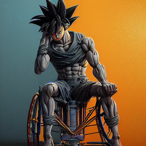 Image similar to Photorealistic goku sitting in a wheelchair in the style of Michael Whelan and Gustave Dore. Hyperdetailed photorealism, 108 megapixels, amazing depth, glowing rich colors, powerful imagery, psychedelic Overtones, 3D finalrender, 3d shading, cinematic lighting, artstation concept art