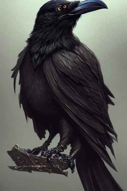 Image similar to highly detailed black raven bird, deep focus, d & d, fantasy, intricate, elegant, highly detailed, digital painting, artstation, concept art, matte, sharp focus, illustration, hearthstone, art by artgerm and greg rutkowski and alphonse mucha