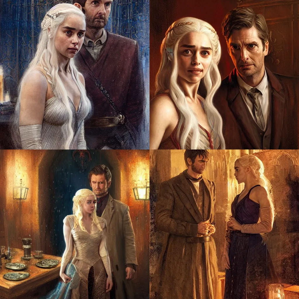 Prompt: daenerys targaryen with david tennant doctor who in tavern, highly detailed, sharp focus, digital art, defined facial features, symmetrical facial features, art by gaston bussiere and greg rutkowski