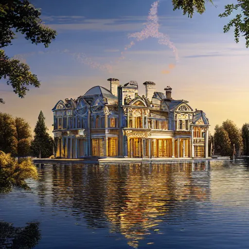 Image similar to a modern country house on the lake, golden hour, spotlight, backlight, sunlight, volumetric light, ray tracing reflections, insanely detailed and intricate, hypermaximalist, elegant, ornate, hyper realistic, super detailed