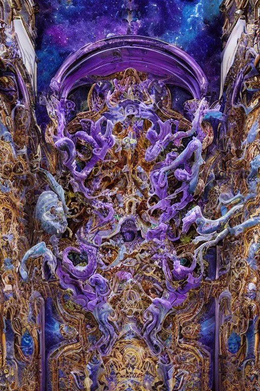 Image similar to intricately detailed calm warm terrifying forms and made of soft translucent blue and violet plastic, glowing cosmic nebulae in an ornate rococo cathedral, intricately detailed colorful modern style by Damien Hirst, Artstation