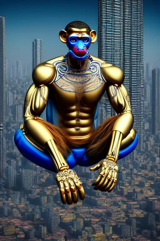 Image similar to high quality 3 d render ultra realistic mischievous cyborg muscular man monkey blue hybrid sitting, gold madhubani, highly detailed, cyberpunk!! mumbai in the background, unreal engine cinematic smooth, szukalski, moody light, low angle, uhd 8 k, sharp focus