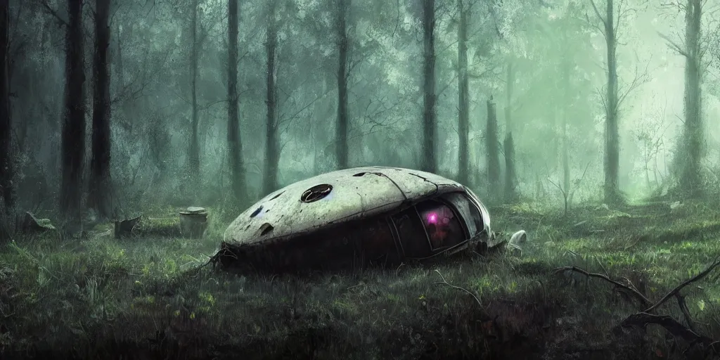 Image similar to abandoned crashed ufo in the forest, night, concept art, art station landscape, cinematic lighting hyper realistic painting, dark atmosphere