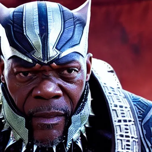 Prompt: film still of Samuel L Jackson as King T-Challa, in new Black Panther film