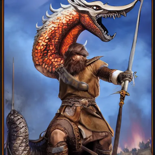 Image similar to viking holding the severed head of donald trump, rides a dragon flying over the white house, 8 k