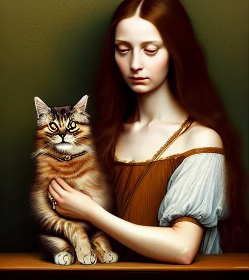 Image similar to portrait of a beautiful long - haired woman with her cat sitting upon a table with heightened detail, poised, intense emotion, detailed facial expression, detailed surroundings, intricate, elegant, highly detailed, centered, digital painting, artstation, concept art, smooth, sharp focus, illustration, by ( leonardo da vinci ), wlop