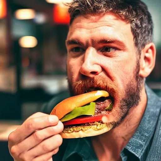 Prompt: realistic detailed sharp photo of a Neanderthal man eating a burger at McDonald's