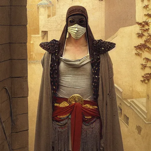 Image similar to portrait of masked Byzantine Tang Dynasty dancer on the art deco streets of the Undying Empire city of ya-Sattra during the Festival of Masks, award-winning realistic sci-fi concept art by Beksinski, Bruegel, Greg Rutkowski, Alphonse Mucha, and Yoshitaka Amano