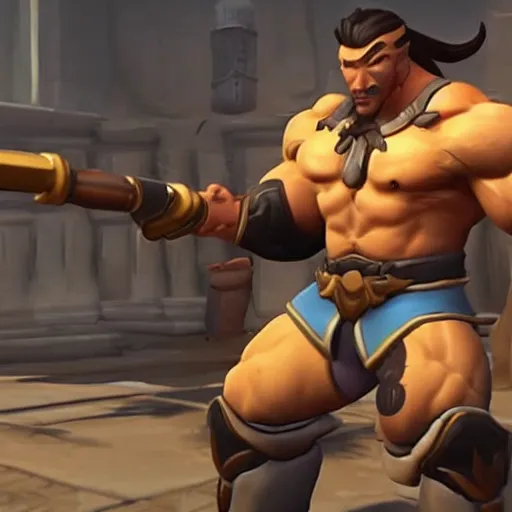 Image similar to a screenshot of arnold schwarzenegger as hanzo in overwatch