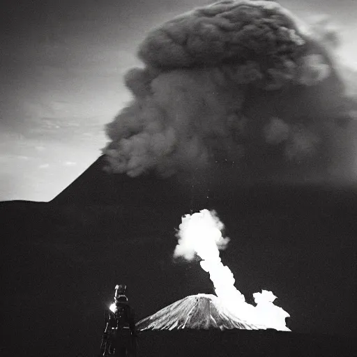 Image similar to A high armored white woman with a one red light eye gasmask standing in front of an erupting volcano, professional photography, black and white, cinematic, eerie