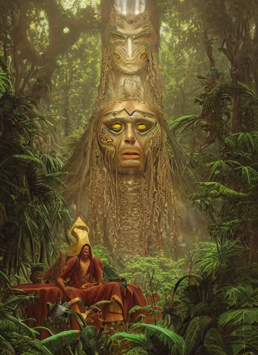 Prompt: a shaman sitting in the jungle, with faces of ancestors in the sky wearing tribal masks looking at him, hyper detailed, art by christophe vacher