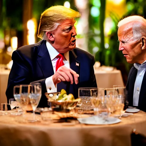 Image similar to Trump and Biden having dinner at a fancy Balinese restaurant, award winning photography, 85mm, perfect faces