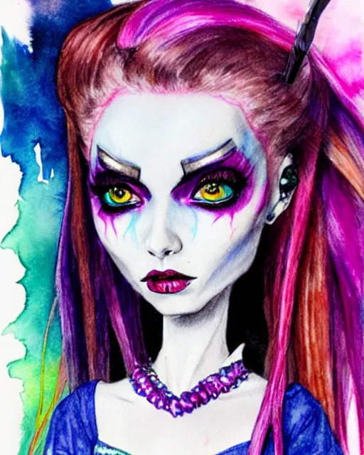 Image similar to colorful pencil portrait of monster high draculaura doll, by sabrina eras, alice x. zhang, agnes - cecile, blanca alvarez, very detailed, watercolor