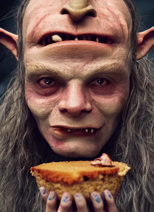 Image similar to closeup portrait of a medieval goblin eating cakes, depth of field, zeiss lens, detailed, symmetrical, centered, fashion photoshoot, by annie leibovitz and steve mccurry, david lazar, jimmy nelsson, breathtaking, 8 k resolution, extremely detailed, beautiful, establishing shot, artistic, hyperrealistic, beautiful face, octane render