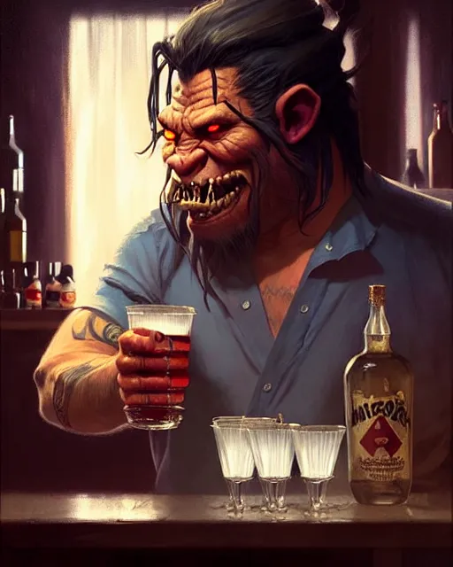 Image similar to orc bartender serving drinks | | realistic shaded, fine details, realistic shaded lighting poster by greg rutkowski, magali villeneuve, artgerm, jeremy lipkin and michael garmash and rob rey