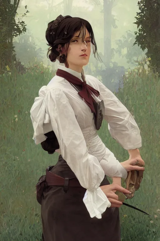 Image similar to cottagecore, man, Levi Ackerman, wearing a maid outfit.elegant. highly detailed, digital painting, artstation, concept art, smooth, sharp, focus, illustration. art by artgerm and greg rutkowski alphonse mucha and Marat Safin