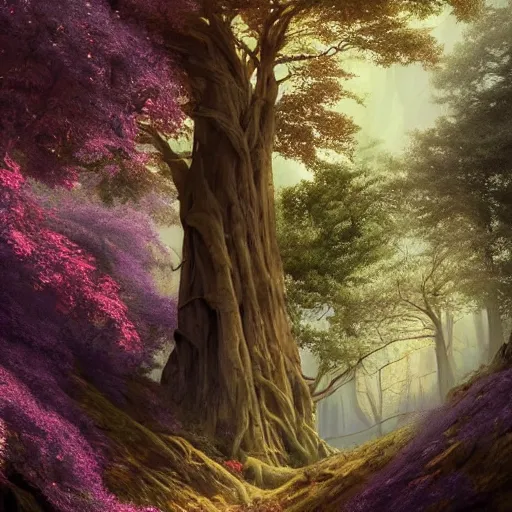 Prompt: a big tree on a mountain with purple leaves and some leaves falling retro digital painting, artstation, concept art, soft light, hdri, smooth, sharp focus, illustration, fantasy, intricate, elegant, highly detailed, D&D, matte painting, in the style of Greg Rutkowski and Alphonse Mucha and artemisia, 8k, highly detailed, jurgens, rutkowski, bouguereau, pastoral, rustic, georgic