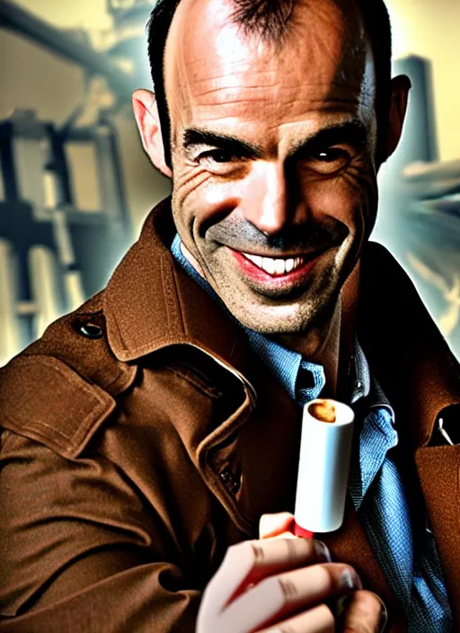 Prompt: photorealistic dslr photography of charismatic paul blackthorne as harry dresden posing as a charismatic smiling thief, with a light brown trench coat and a cigarette, in dresden files movie, full hairs, super detailed, hd