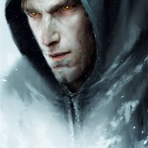 Prompt: portrait of a small pale cowardly man wearing dark hood, fantasy artwork, high fantasy, by greg rutkowski