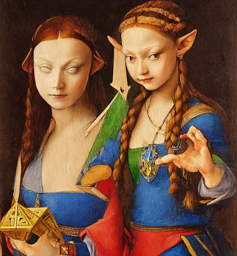 Image similar to oil painting half-length portrait of Princess Zelda holding the triforce and an ocarina by Leonardo da Vinci