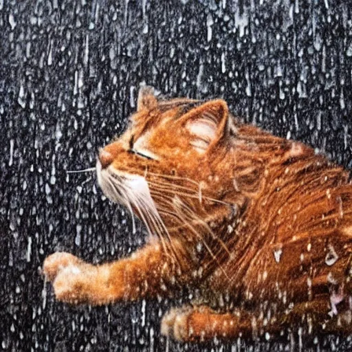 Prompt: Garfield falling asleep in the pouring rain, Go pro footage