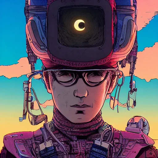 Image similar to hyper detailed comic illustration of a young explorer wearing a cyberpunk headpiece watching the sunset in the distance, by Josan Gonzalez and Geof Darrow, highly detailed, 8k wallpaper