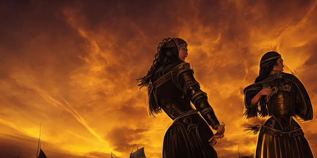 Image similar to medieval woman ship pilot from behind standing on a single ship at sea, dramatic golden neon sunset with tornado wall, wearing shiny breastplate, dynamic lighting, surreal, HD 4k, artstation
