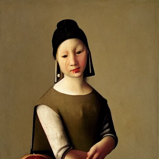 Prompt: girl with the ((pearl earing)) earing is a fruit pear instead by johaness vermeer