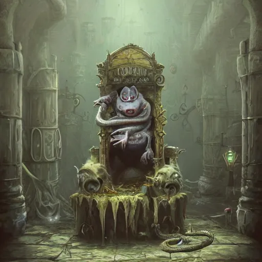 Image similar to murky sewer scene with a grinning rat king sitting on a throne, surrounded by other rats. trending on artstation, fantasy illustration, realistic, extremely detailed