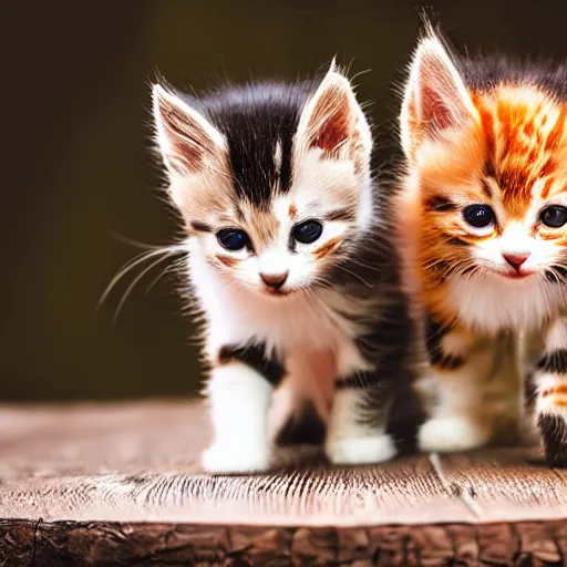 Image similar to macro photograph of tiny kittens walking on a wood table