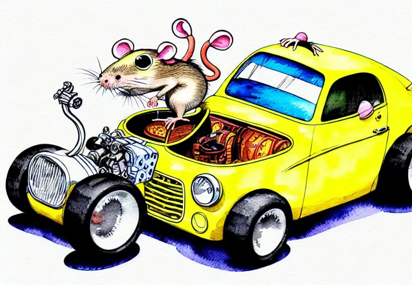 Image similar to cute and funny, rat riding in a tiny hot rod coupe with oversized engine, ratfink style by ed roth, centered award winning watercolor pen illustration, isometric illustration by chihiro iwasaki, edited by range murata