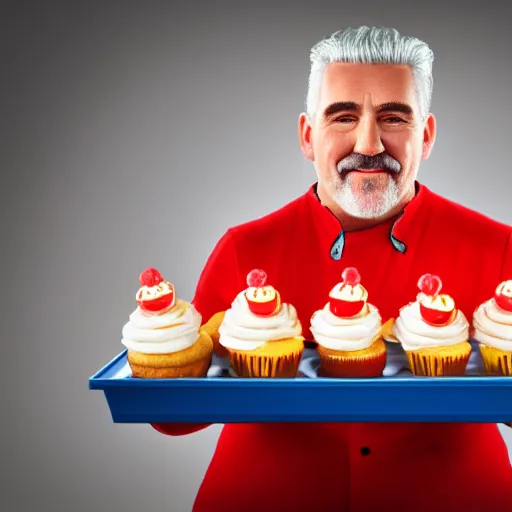 Prompt: Paul Hollywood dressed as Ronald McDonald, holding a plate of small cupcakes, sad expression, octane render, soft lighting, detailed, portrait, 4k resolution