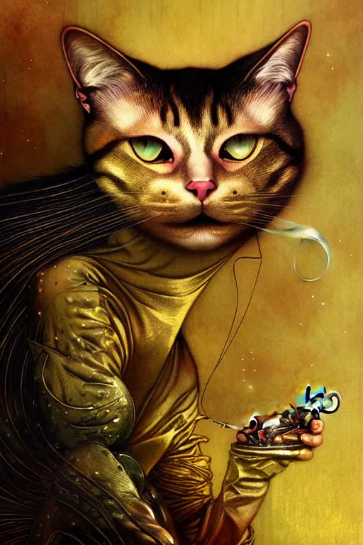 Image similar to metallic gold cat smoking by Android Jones, tom bagshaw, mucha, karl kopinski