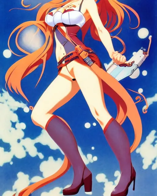 Image similar to pinup photo of asuna from sao in the crowded pub, asuna by a - 1 pictures, by jean giraud, kezie demessance, gil elvgren, james jean, enoch bolles, glossy skin, pearlescent, anime, very coherent, sao style anime, flat, long shot