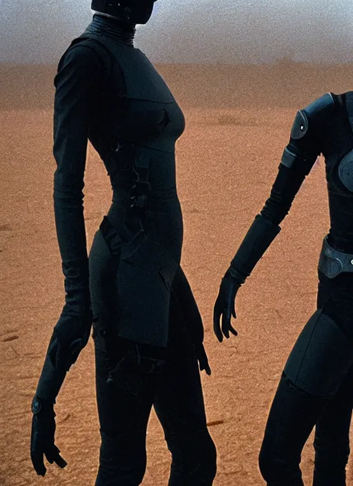 Image similar to cinestill 5 0 d photographic portrait by helen levitt of two loving female androids wearing rugged black mesh techwear on a desolate plain, extreme closeup, modern cyberpunk, dust storm, 8 k, hd, high resolution, 3 5 mm, f / 3 2, ultra realistic faces, ex machina