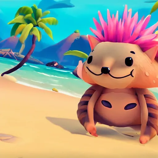 Image similar to hedgehog in a bikini in sea of thieves, hedgehog wearing a bikini, cute, colourful, happy, adorable, funny