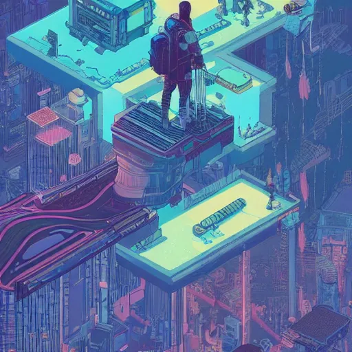 Image similar to Stunning isometric illustration of single cyberpunk explorer overlooking lush forest , highly detailed, midnight, small glowing orbs by Victo Ngai and James Gilleard , Moebius, Laurie Greasley